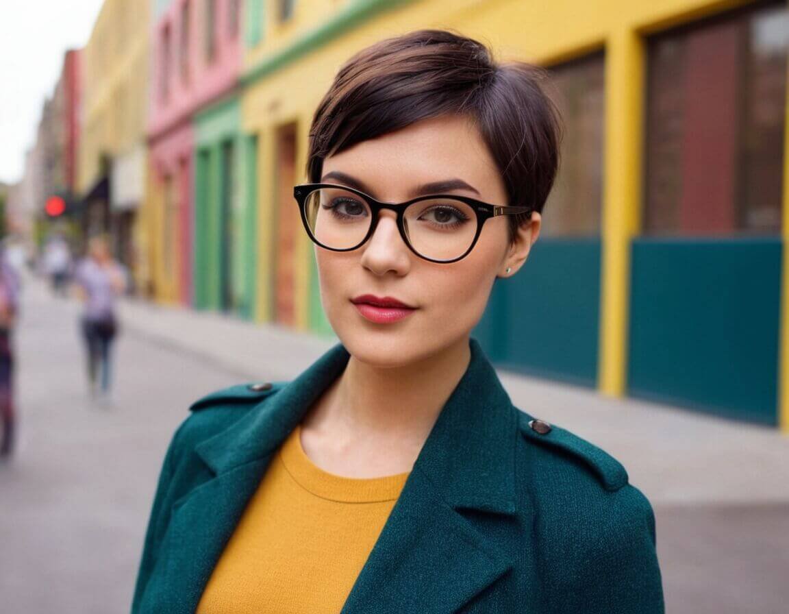 Passende Kleidung für trendbewusste Frauen - Freche Pixie Cut mit Brille: Der perfekte Look für modische Frauen