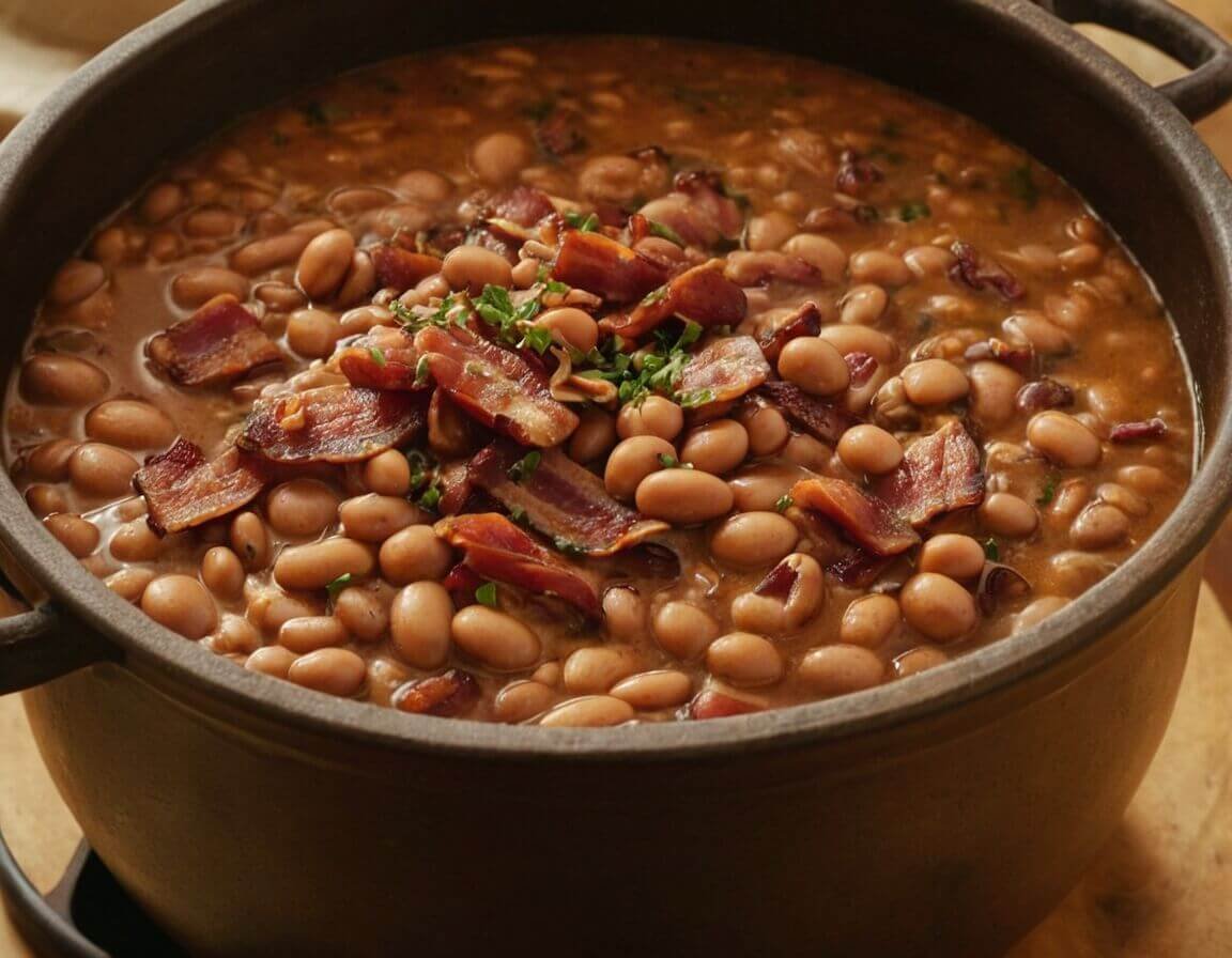 Alles zusammen in einen Topf geben, würzen - Omas dicke Bohnen mit Speck: Ein traditionelles Rezept für herzhaften Genuss