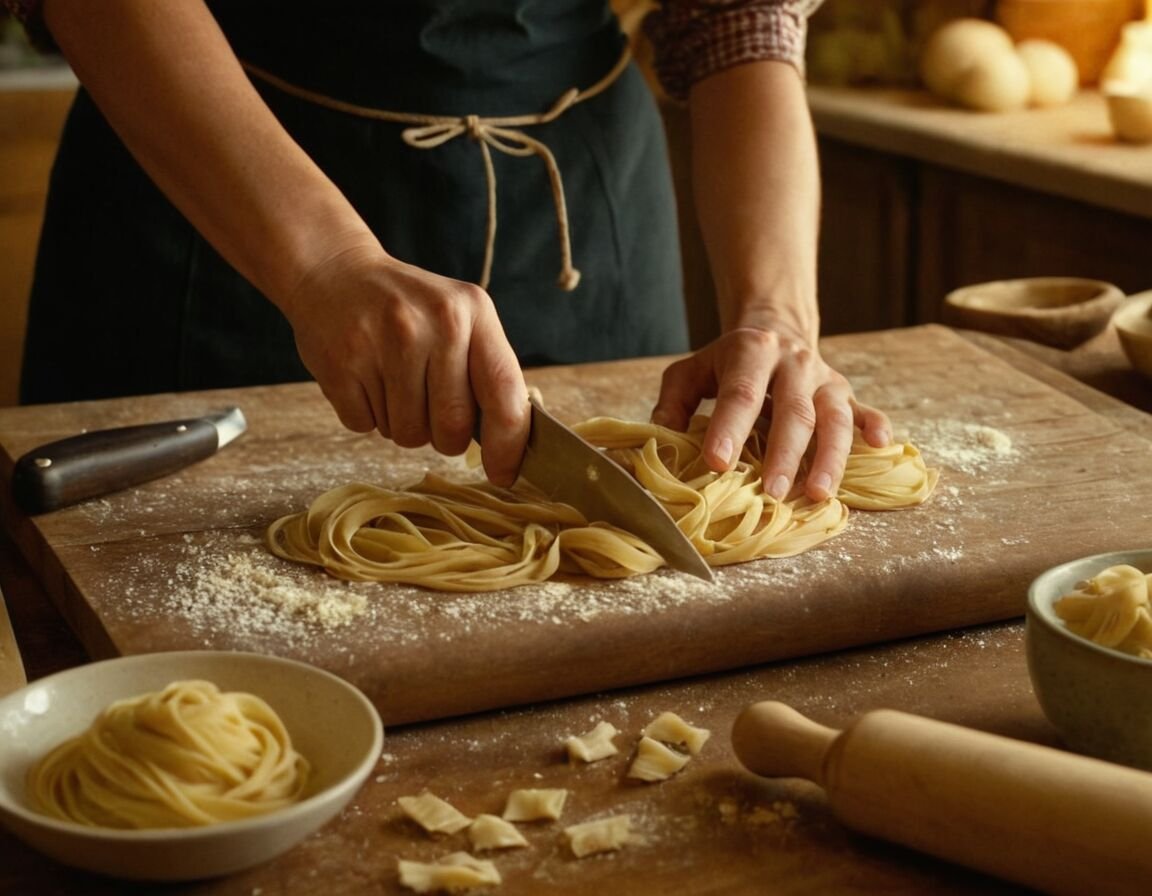 Mit einem Messer oder Messer-ähnlichem Werkzeug schneiden - Pasta selbst machen ohne Maschine: So gelingt die perfekte Teigzubereitung von Hand