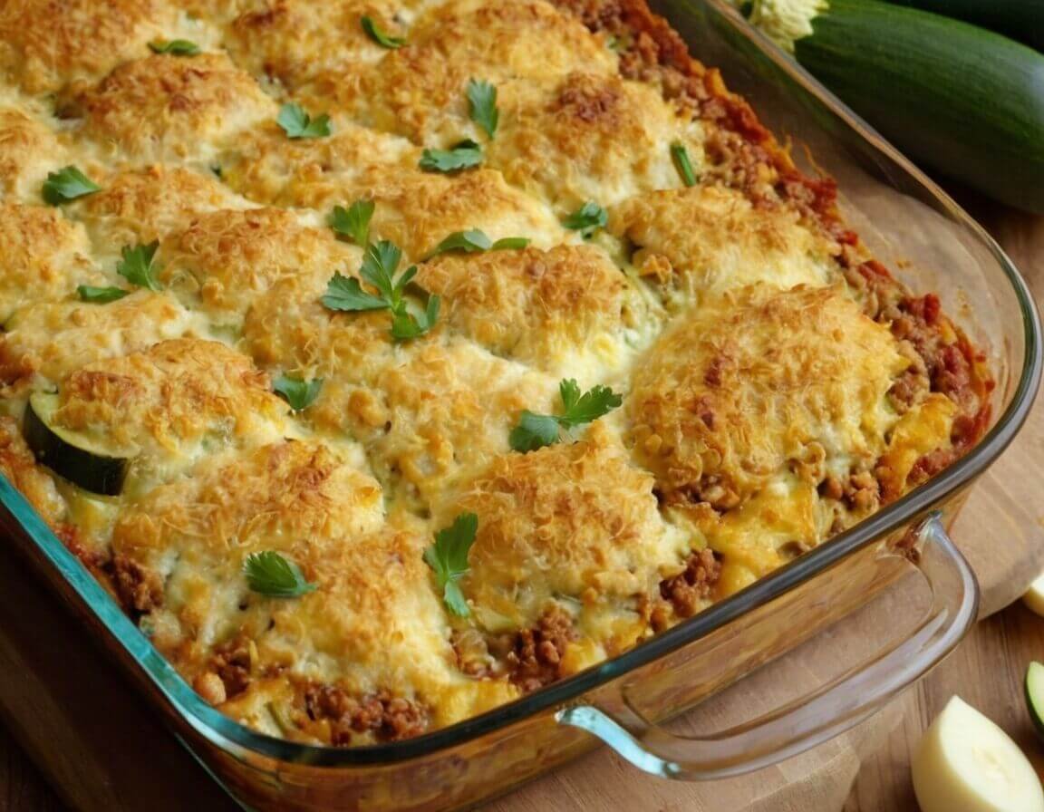 In eine Auflaufform geben, mit Käse bestreuen - Zucchini Auflauf mit Hackfleisch: Ein einfaches Rezept für die ganze Familie