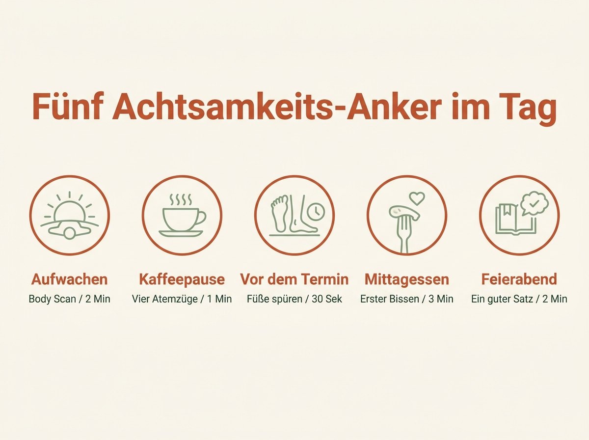 Infografik mit fünf Achtsamkeitsritualen im Tagesverlauf von morgens bis abends