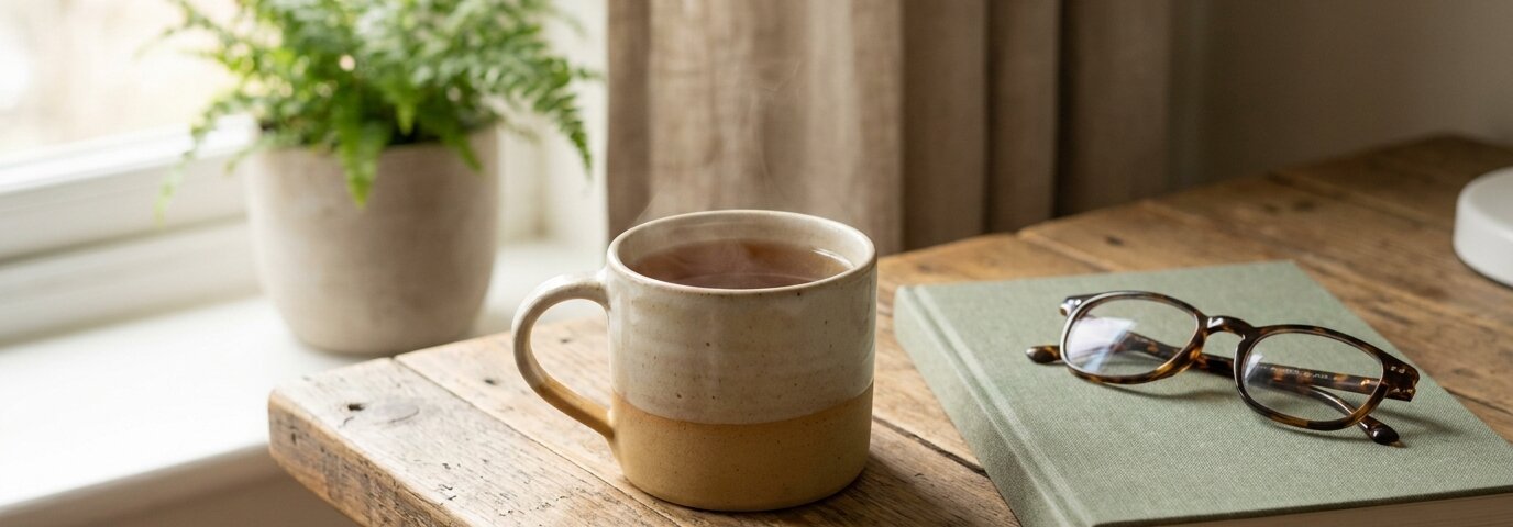 Achtsamkeit im Alltag: Tasse Tee auf dem Schreibtisch neben geschlossenem Notizbuch