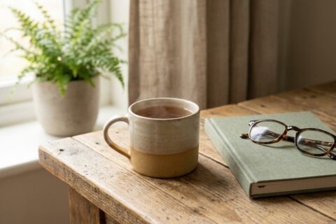 Achtsamkeit im Alltag: Tasse Tee auf dem Schreibtisch neben geschlossenem Notizbuch