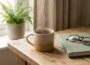 Achtsamkeit im Alltag: Tasse Tee auf dem Schreibtisch neben geschlossenem Notizbuch