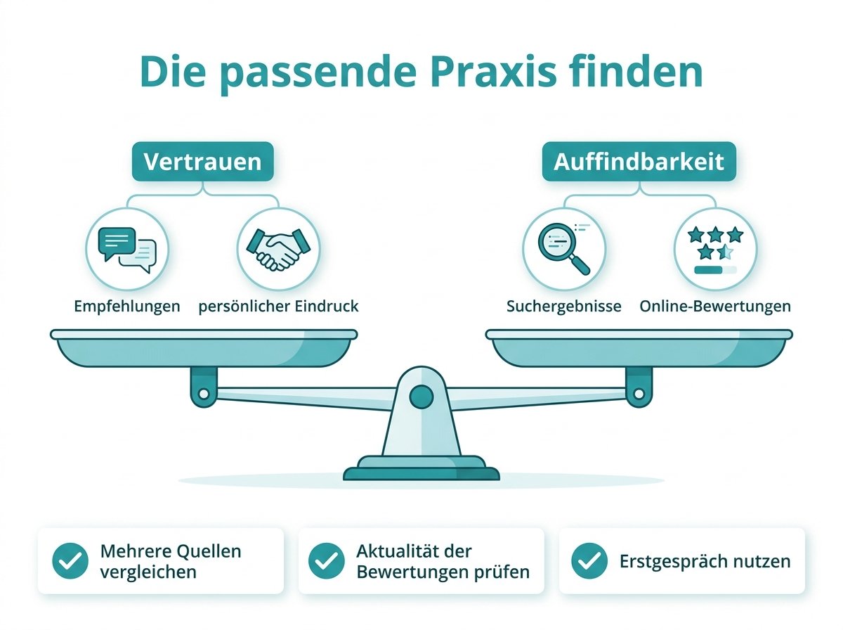 Infografik: Waage zwischen Vertrauen und Auffindbarkeit bei der Praxiswahl