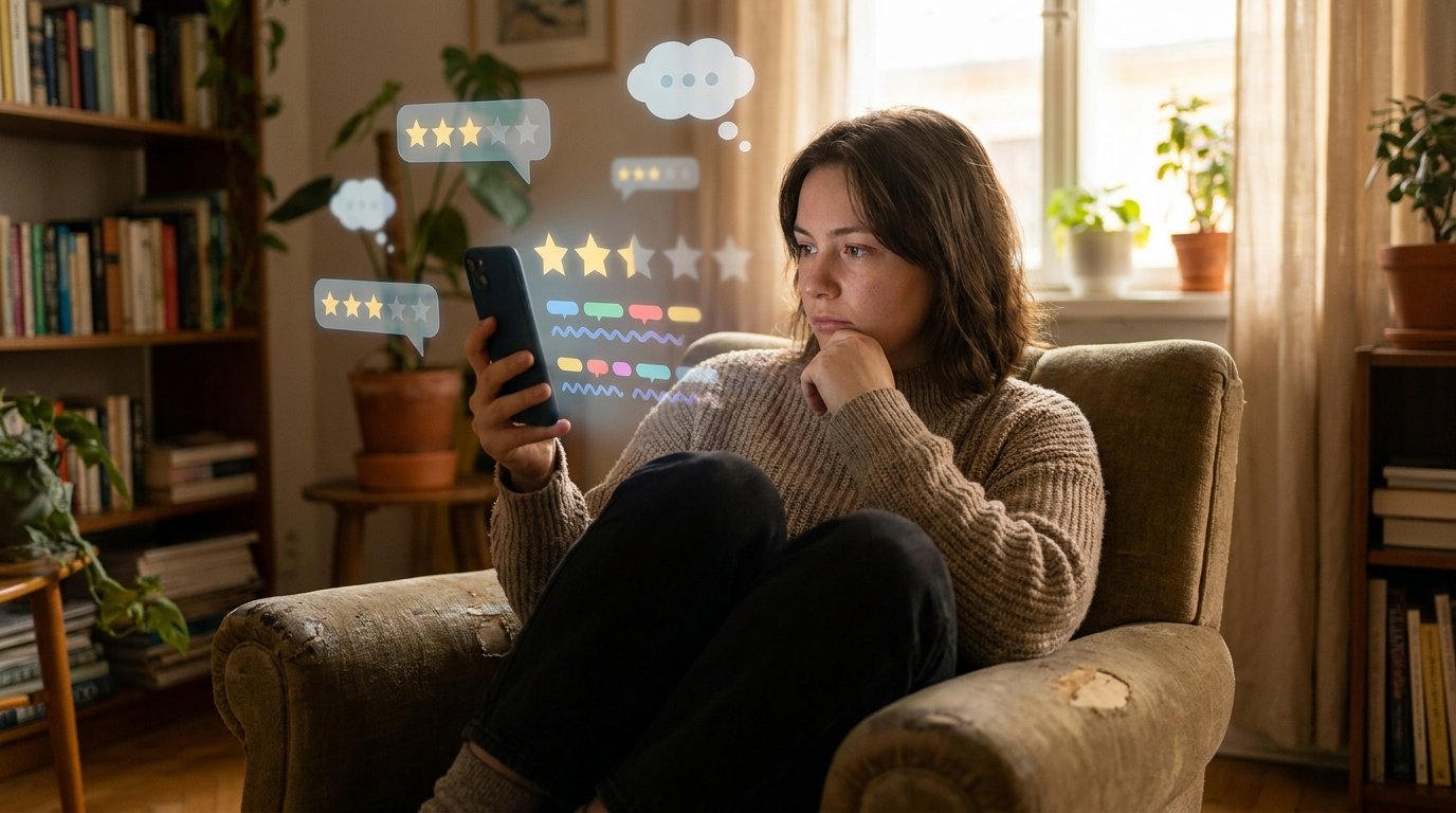 Patientin liest Praxisbewertungen mit Sterne-Anzeige auf dem Smartphone